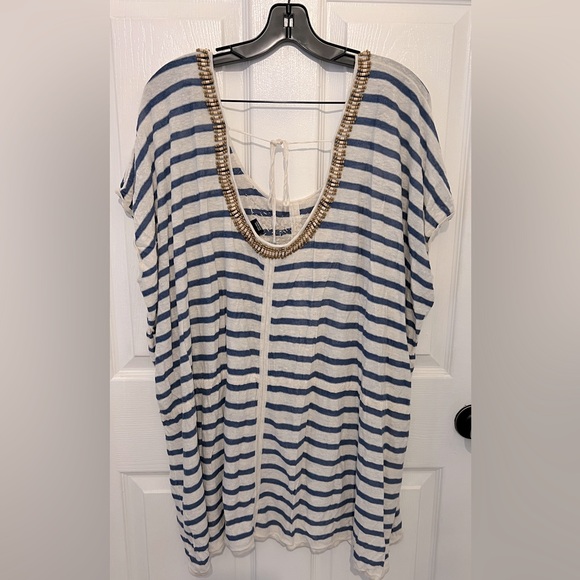 Moda International Tops - MODA INTERNATIONAL Women’s Blue & White Striped Linen Blend Beaded Cover Up